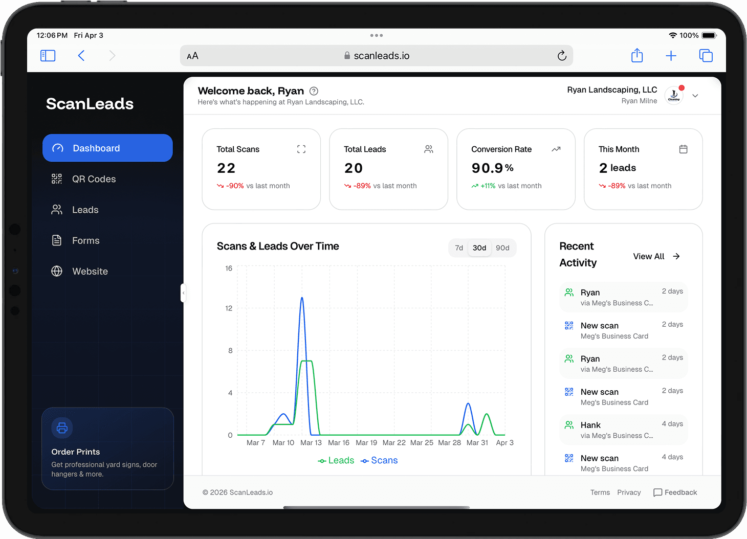 ScanLeads dashboard displayed on an iPad