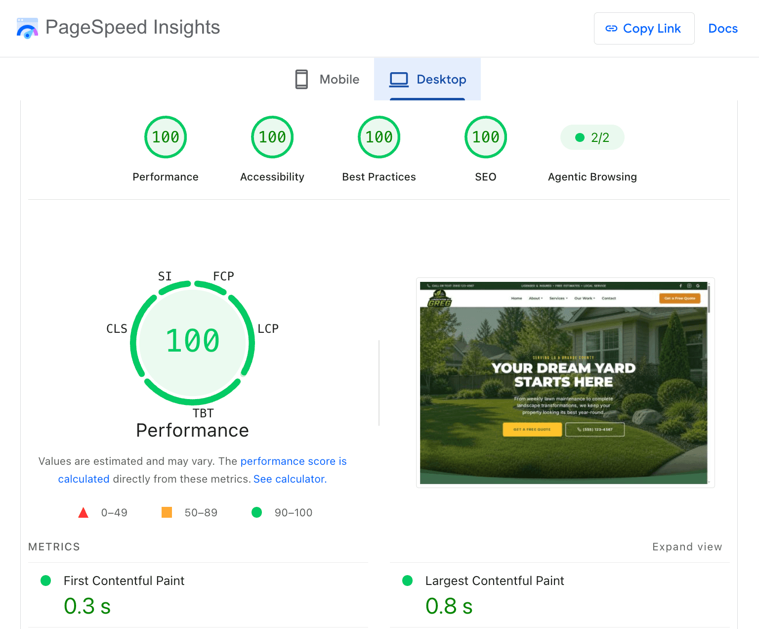 PageSpeed Insights report showing 100 scores for performance, accessibility, best practices, and SEO
