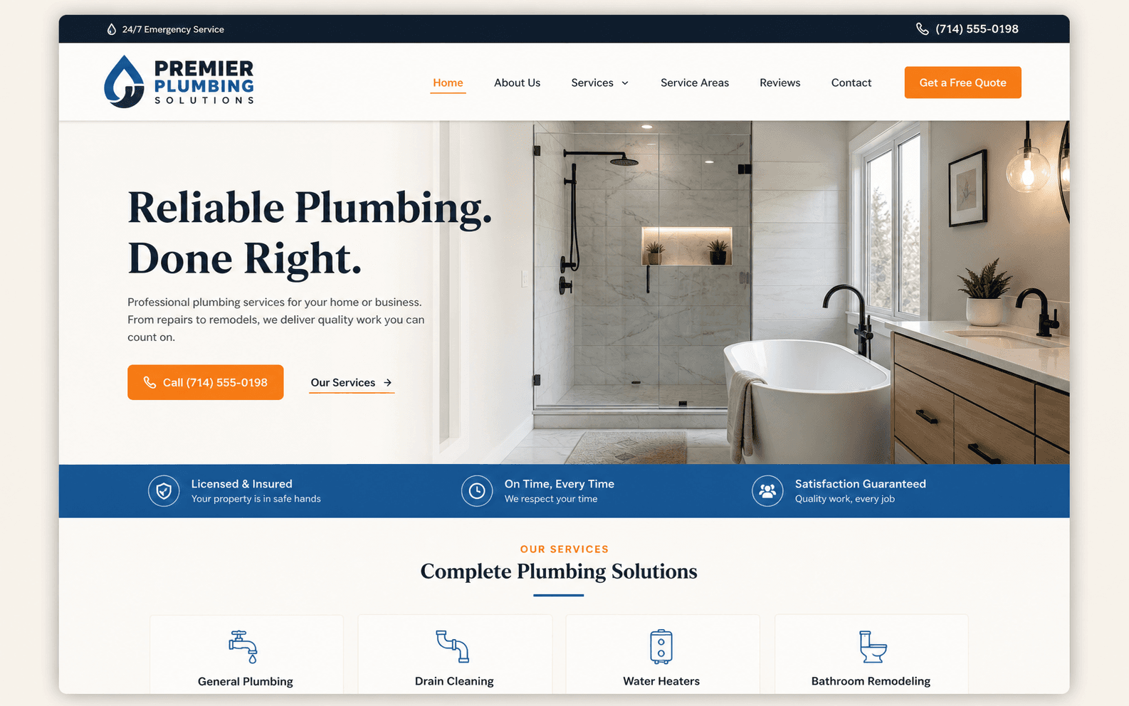 Premier Plumbing Solutions website homepage mockup